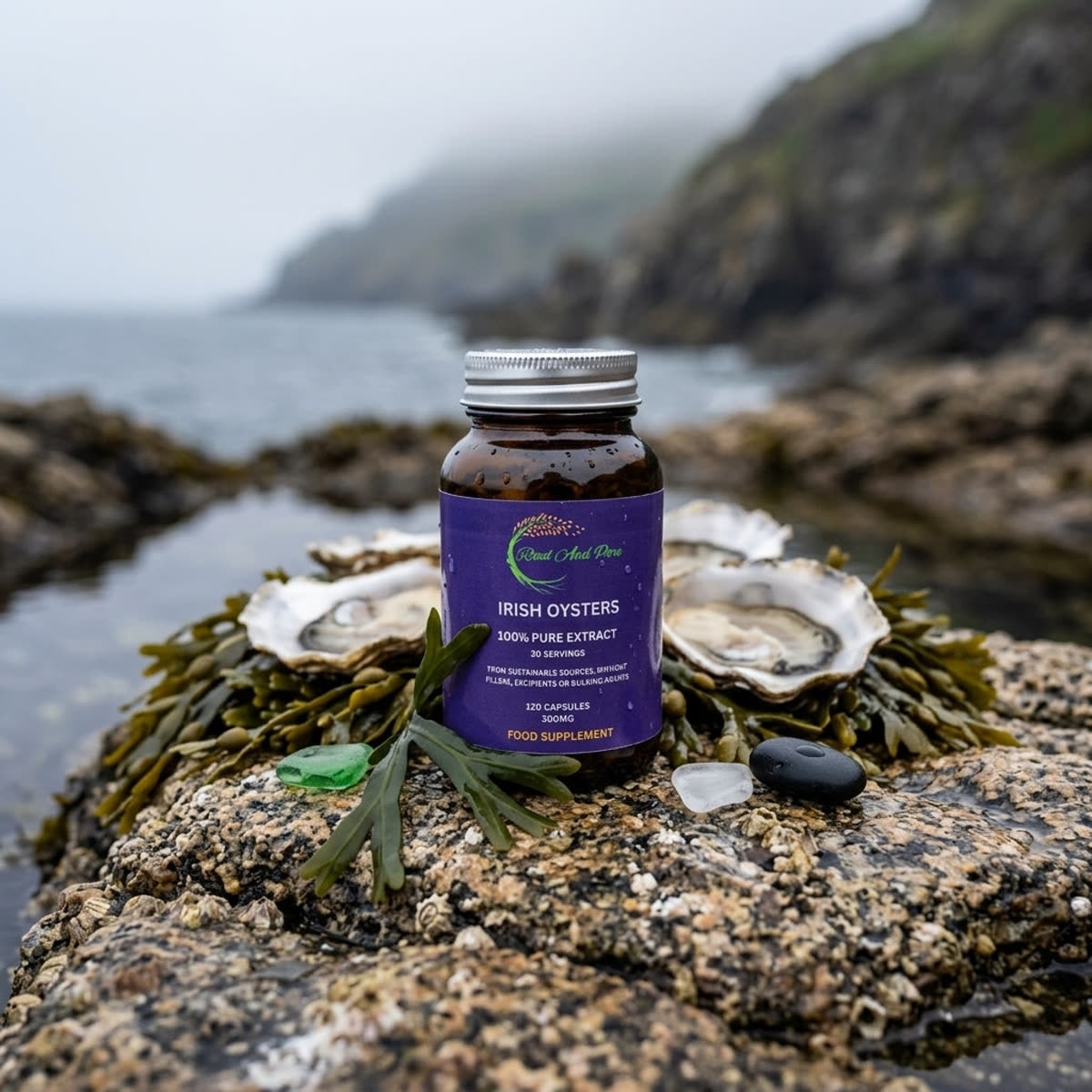 A bottle of Rind and Root Irish Oysters standing on a barnacled rock beside open oyster shells and seaweed, with the Irish coastline behind.
